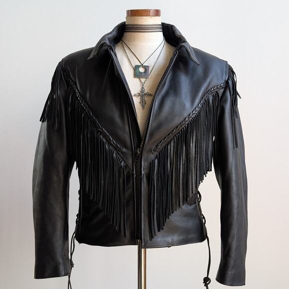Vintage Black Leather Biker Jacket Fringe Sexy Moto Cowgirl Western Coat Small - Picture 7 of 12